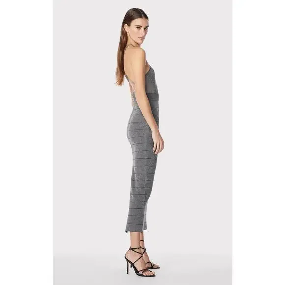 Herve Leger Textured Sheer Bustier Halter Gown Bandage Dress Silver Gray size L - Picture 2 of 15